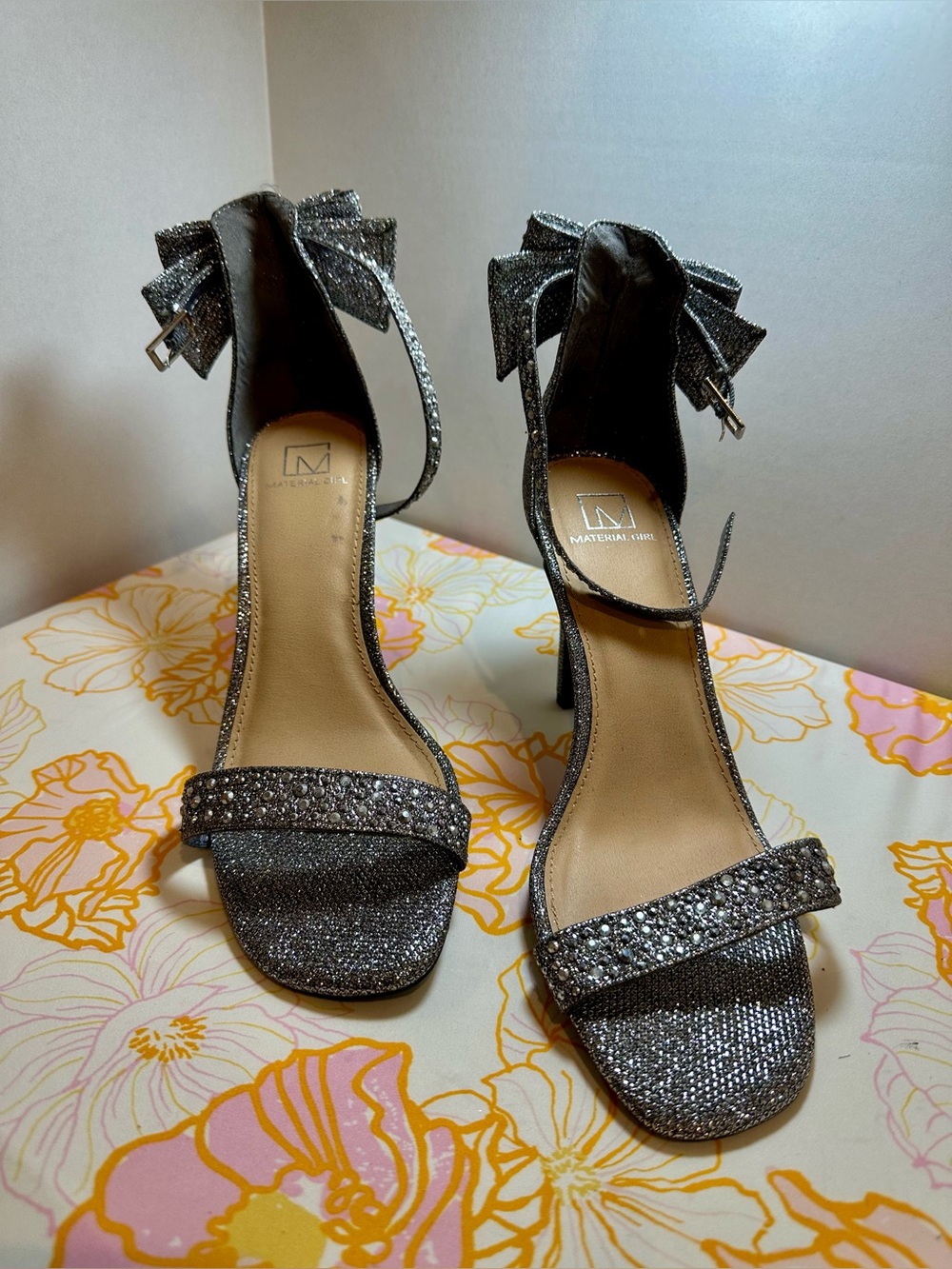Material Girl Glitter Silver Bow Ankle-Strap Heels